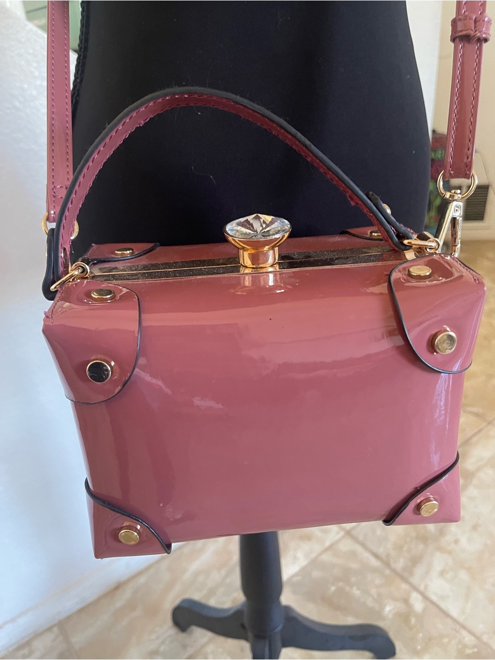 Women's Pink Patent Box Bag with Top Handle and Crossbody Strap